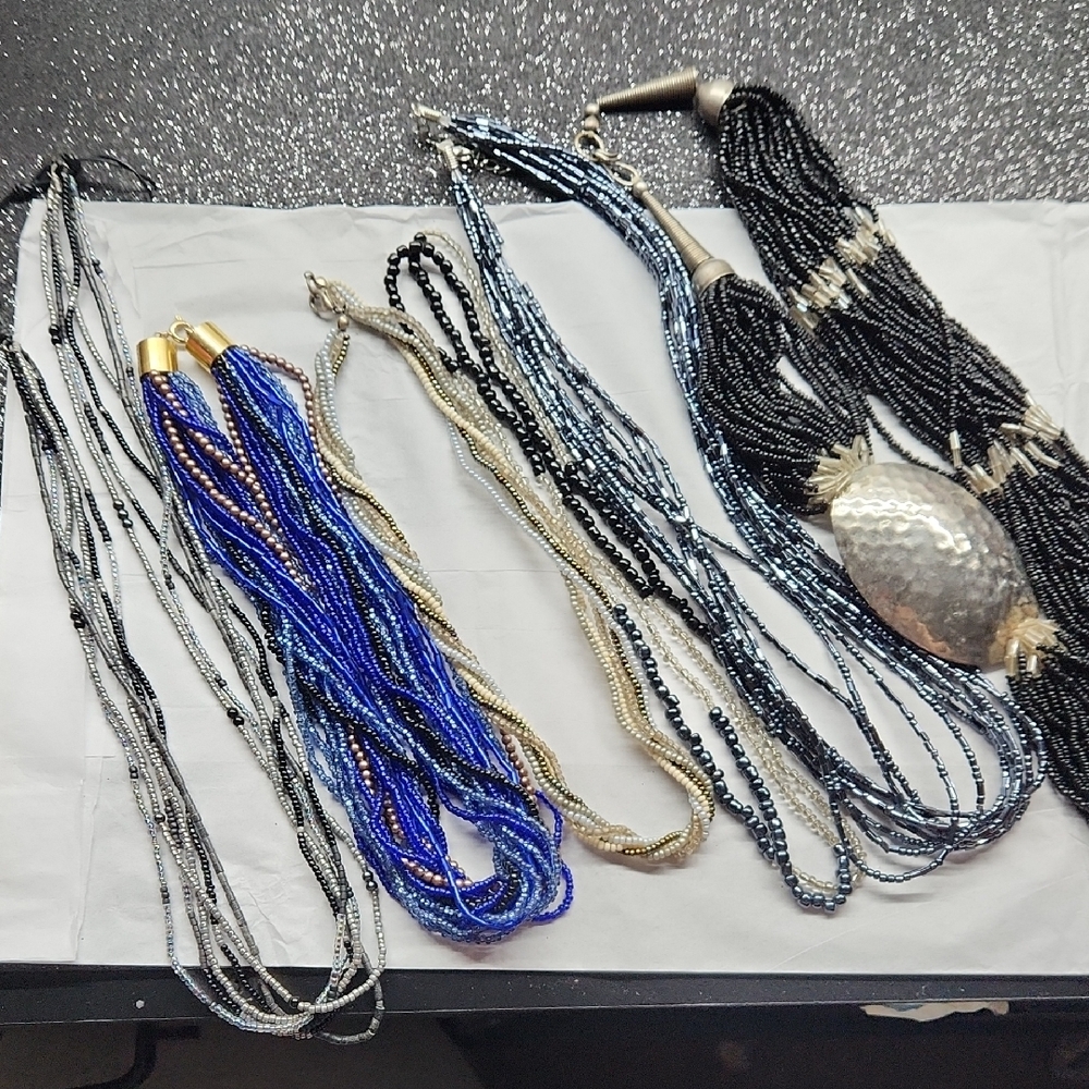 Seed Bead Bundle Necklaces in Black, Blue, and Silver.